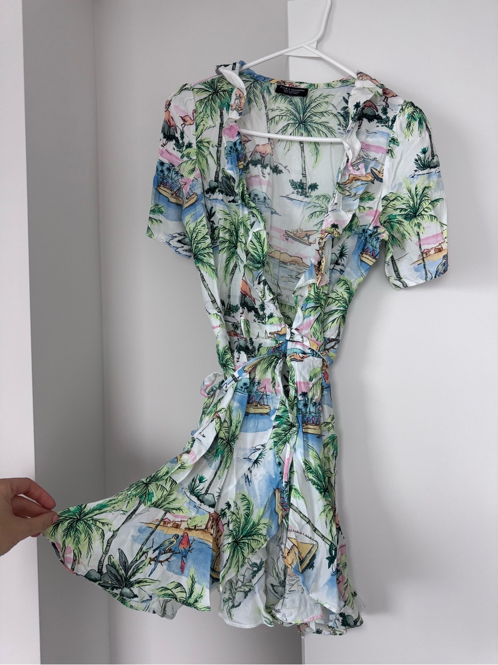 Zara Tropical Print Wrap Dress - White with Green Palm size small